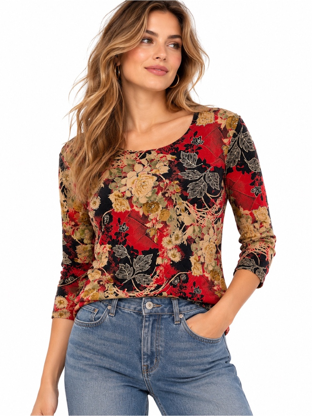 Vintage 90s Floral Mesh Top M Red Black Romantic Boho Art Print Made USA